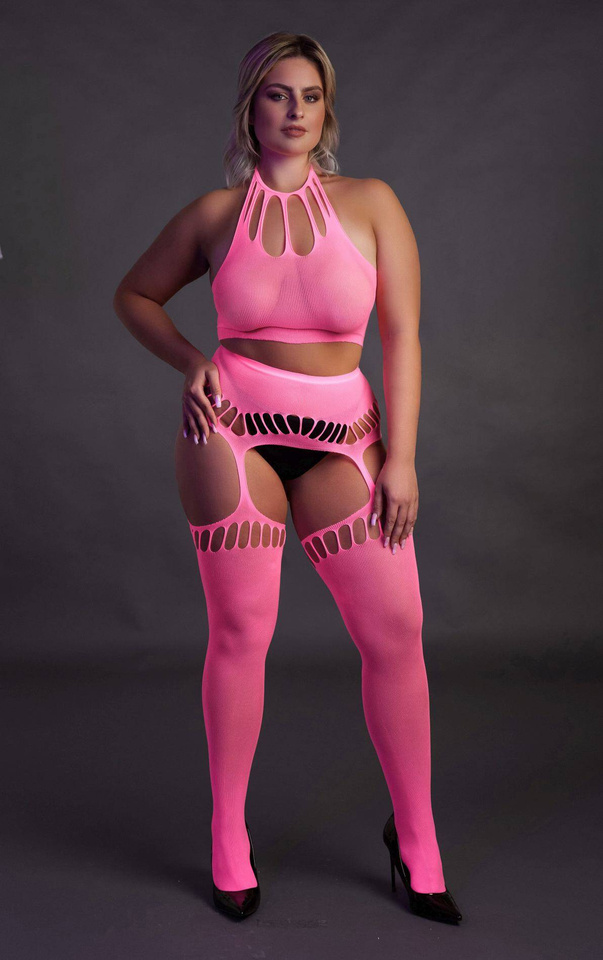 Sexy Komplet Rajstopy i Top Ouch! 838 Pink NEON XL/4XL