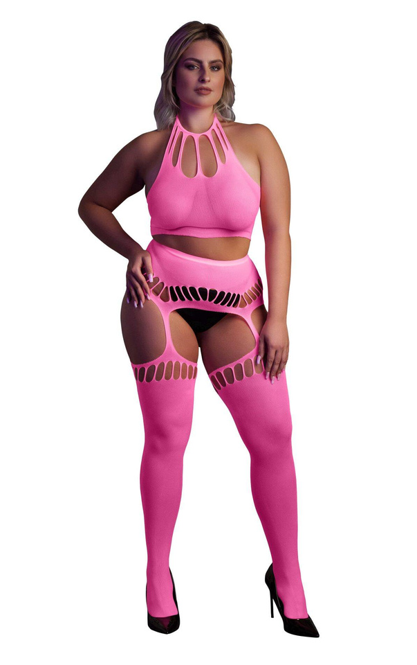 Sexy Komplet Rajstopy i Top Ouch! 838 Pink NEON XL/4XL
