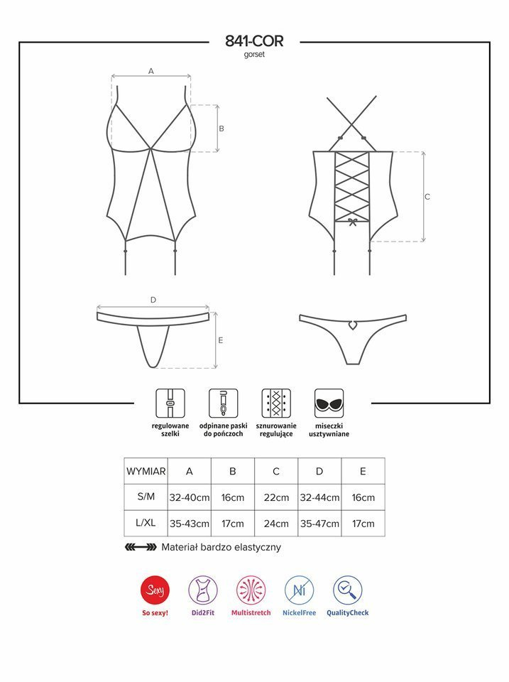 Erotyczny Gorset i Stringi - Obsessive 841-COR-1 L/XL