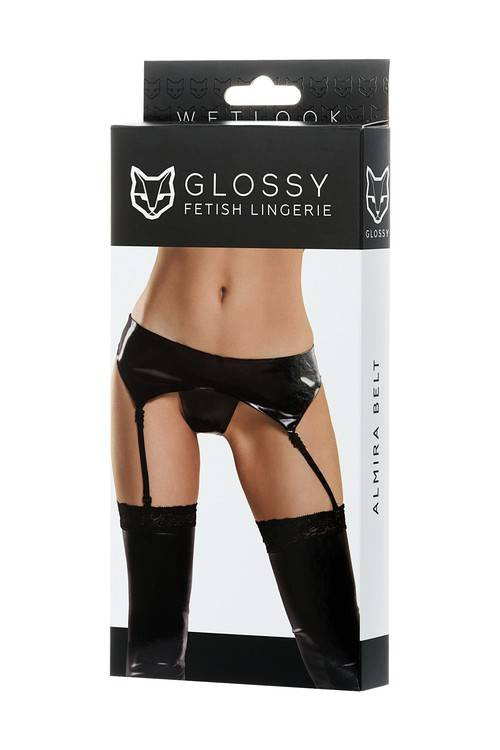 Połyskujący Czarny Pas I Stringi Wet Look - Glossy Almira Belt L
