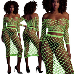 Neonowy Komplet Ouch! 834 Green UV Siateczka Top i Długa Spódnica!