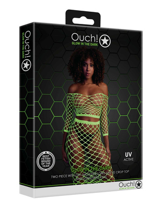 Neonowy Komplet Ouch! 834 Green UV Siateczka Top i Długa Spódnica!