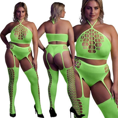 Neonowy Komplet Bielizny Ouch! 836 Green UV Top Figi Pończochy!