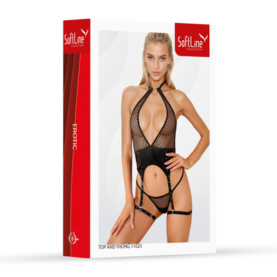 Body z Siatki i Ekoskóry z Paskami i Stringami SoftLine 11025 Black