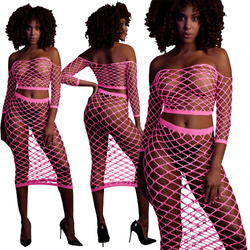 Neonowy Komplet Ouch! 834 Pink UV Siateczka Top i Długa Spódnica!