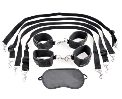Zestaw do krępowania BDSM Cuff & Tether z maską na oczy – Pipedream
