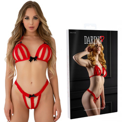 Sexy komplet bielizny peek-a-boo z falbankami – biustonosz i stringi Daring