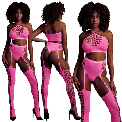 Neonowy Komplet Bielizny Ouch! 836 Pink UV Top Figi Pończochy!