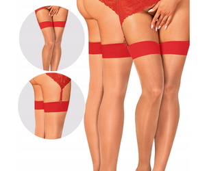 Pończochy S814 Obsessive – Subtelny Beż z Czerwoną Zdobioną Manszetą