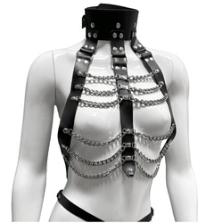 Biustonosz skórzany z obrożą i łańcuchami Leder 6005