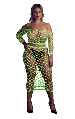 Neonowy Komplet Ouch! 834 Green UV Siateczka Top i Długa Spódnica!