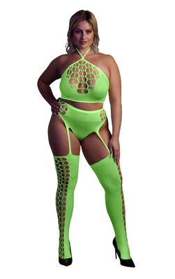 Neonowy Komplet Bielizny Ouch! 836 Green UV Top Figi Pończochy!