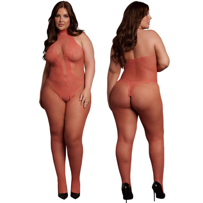 Bodystocking czerwony Le Desir 26 siateczka i koronka z półgolfem otwarty krok