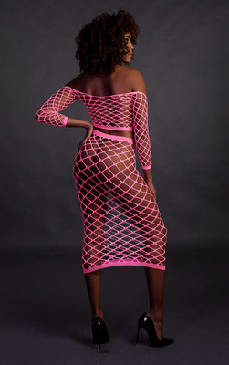 Neonowy Komplet Ouch! 834 Pink UV Siateczka Top i Długa Spódnica!