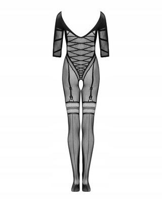Bodystocking G329 Obsessive – Czarny Gorset z Pończochami, Otwarty Krok
