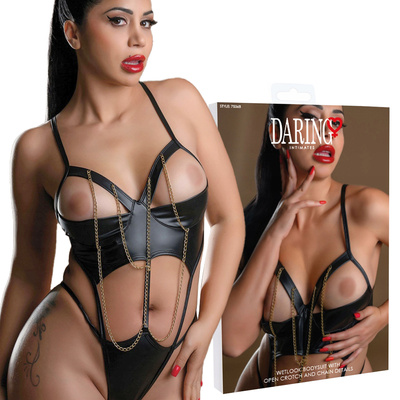 Body Wetlook z otwartym biustem i krokiem zdobione łańcuszkami – Daring