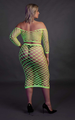 Neonowy Komplet Ouch! 834 Green UV Siateczka Top i Długa Spódnica!