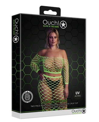 Neonowy Komplet Ouch! 834 Green UV Siateczka Top i Długa Spódnica!