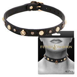 Obroża BDSM Alina Wąska Ozdobna Regulowana Złote Jety Sexy!