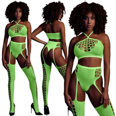 Neonowy Komplet Bielizny Ouch! 836 Green UV Top Figi Pończochy!