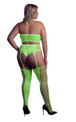 Neonowy Komplet Bielizny Ouch! 836 Green UV Top Figi Pończochy!