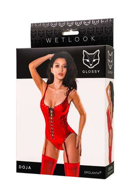 Glossy Doja Bodysuit Red – Body Wetlook ze Sznurowaniem i Ćwiekami