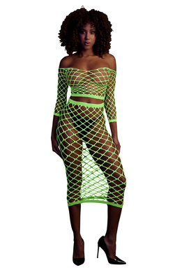 Neonowy Komplet Ouch! 834 Green UV Siateczka Top i Długa Spódnica!