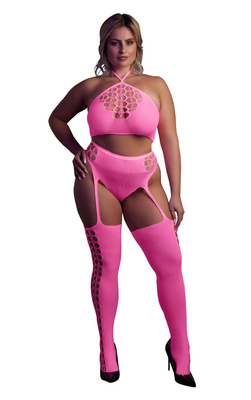 Neonowy Komplet Bielizny Ouch! 836 Pink UV Top Figi Pończochy!