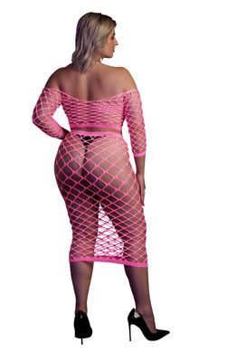 Neonowy Komplet Ouch! 834 Pink UV Siateczka Top i Długa Spódnica!