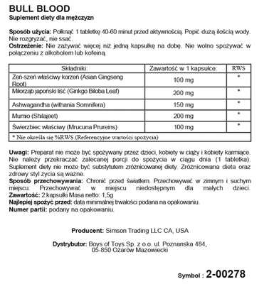 Tabletki na Potęcję Bull Blood Dla Mężczyzn Na Siłę, Energię i Witalność