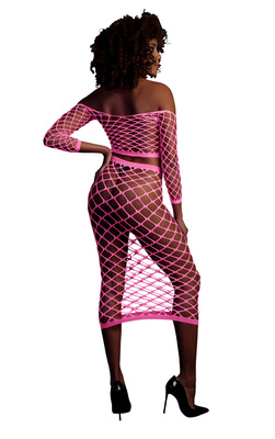 Neonowy Komplet Ouch! 834 Pink UV Siateczka Top i Długa Spódnica!