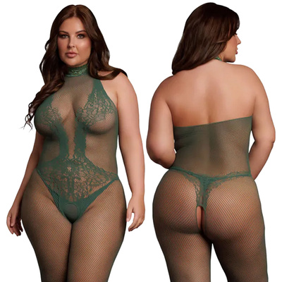Body Zielone Le Desir PLUS SIZE z półgolfem koronkowe wstawki Bodystocking 26