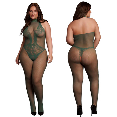 Body Zielone Le Desir PLUS SIZE z półgolfem koronkowe wstawki Bodystocking 26
