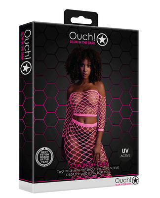 Neonowy Komplet Ouch! 834 Pink UV Siateczka Top i Długa Spódnica!