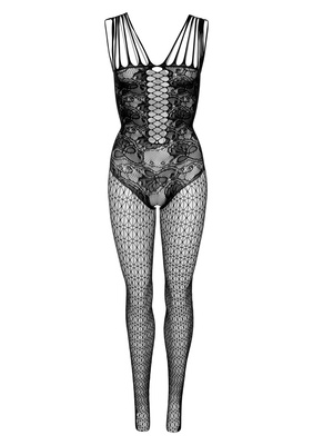 Czarny Bodystocking Koronkowy z Ozdobnym Dekoltem Daring Intimates Otwarty Krok