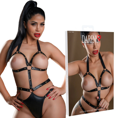 Body wetlook open cup z paskami i złotymi detalami O-ring – Daring