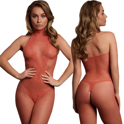 Bodystocking czerwony Le Desir 26 siateczka i koronka z półgolfem otwarty krok