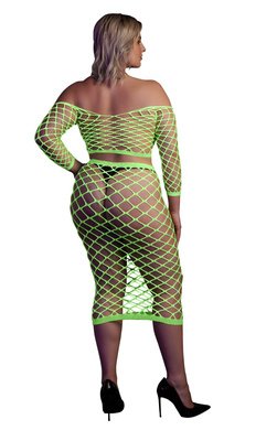 Neonowy Komplet Ouch! 834 Green UV Siateczka Top i Długa Spódnica!