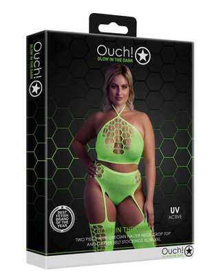 Neonowy Komplet Bielizny Ouch! 836 Green UV Top Figi Pończochy!