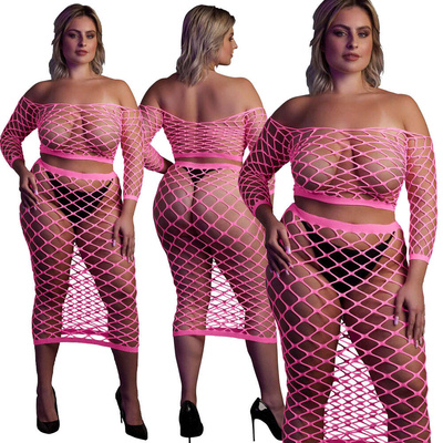 Neonowy Komplet Ouch! 834 Pink UV Siateczka Top i Długa Spódnica!