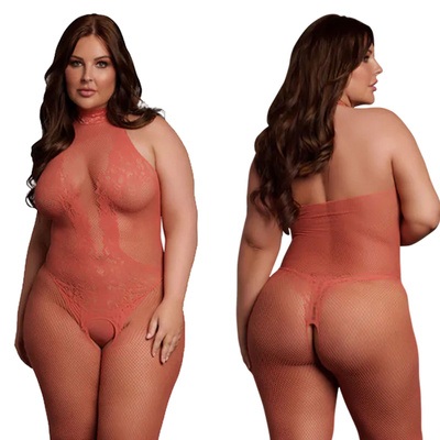 Bodystocking czerwony Le Desir 26 siateczka i koronka z półgolfem otwarty krok