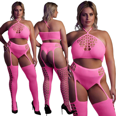 Neonowy Komplet Bielizny Ouch! 836 Pink UV Top Figi Pończochy!