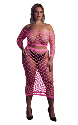 Neonowy Komplet Ouch! 834 Pink UV Siateczka Top i Długa Spódnica!