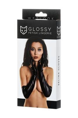 Błyszczące Czarne Długie Rękawiczki - Selina Glossy Fetish Lingerie
